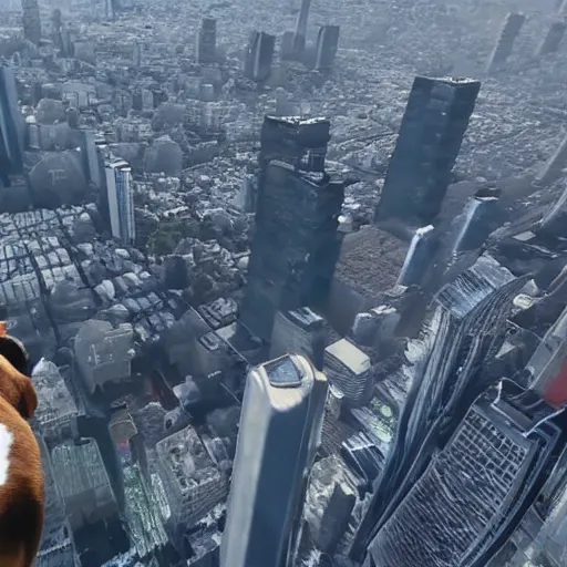 Image similar to gigantic 1 0 0 0 metres beagle walking over a city, epic cinematic, 4 k, very high detail, epic scale