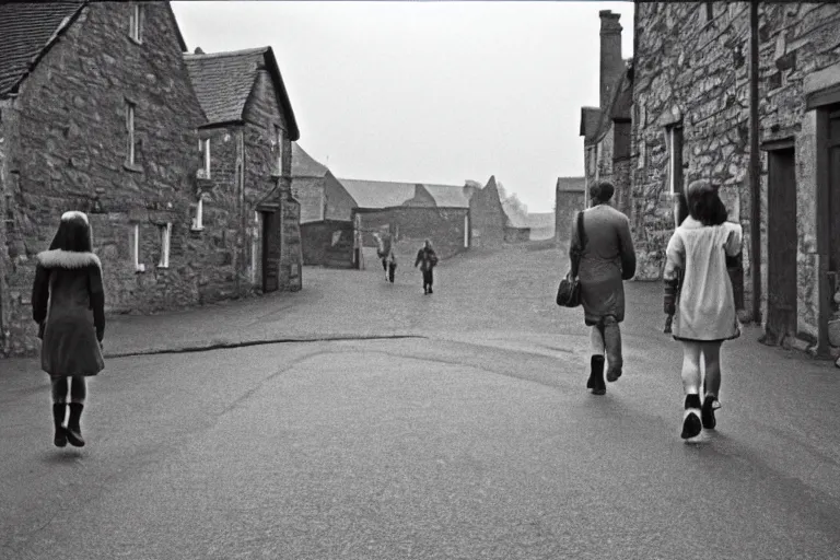 Prompt: three people walking in an empty street in a remote Scottish village on a cloudy morning during the pagan feast of the wicker man, photojournalism, 1967, photorealism, very realistic, in the style of Midsommar, 50mm lens, Kodak 5219 film