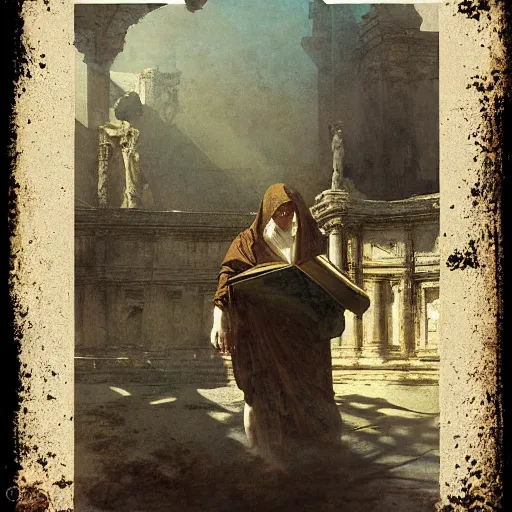 Image similar to half portait of magican wearing a closed cowl and big old book! chained to the wrist, jeremy mann, jean - leon gerome, tiepolo, alphonse mucha, greg rutkowski, face in the shadows, ( ( ruins of ancient rome ) ), at dusk, mysterious atmosphere, sunrays, dof, high detailed, 8 k