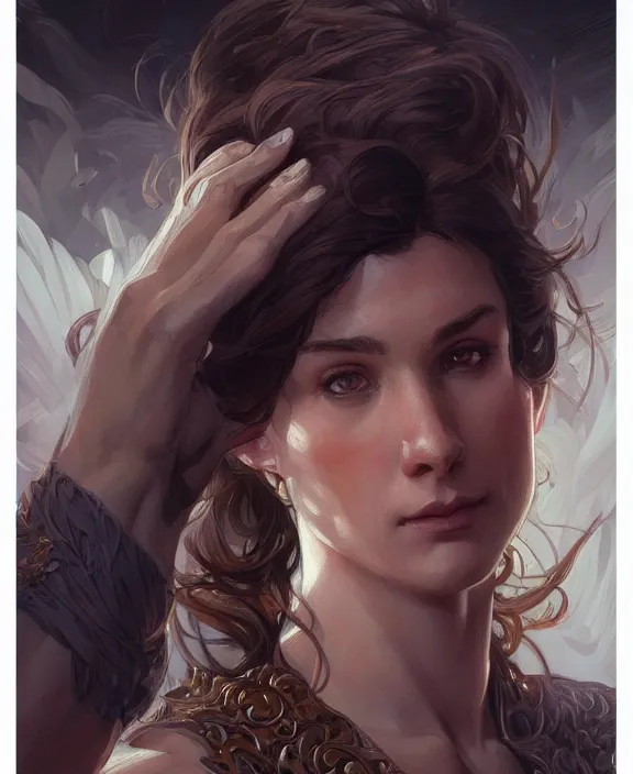 Image similar to portrait close up of guy, concentrated look, symmetry, d & d, fantasy, intricate, elegant, highly detailed, digital painting, artstation, concept art, art by artgerm and greg rutkowski and alphonse mucha, boris vallejo