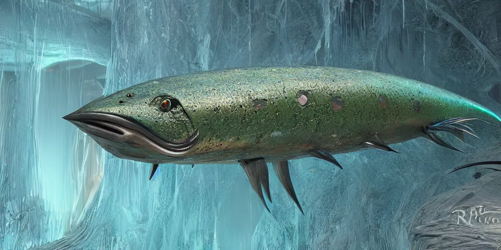 Prompt: mahi - mahi, stylized layered textures, long flowing fins, bioluminescent orbs, 3 d render, substance painter, glowing eye, smooth, sharp focus, art by h r giger