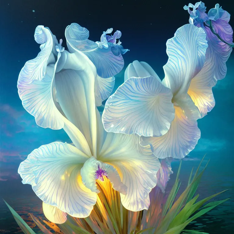 Image similar to detailed giant white holographic orchid iris hybrid flower surrounded by ocean waves, lsd water, lsd ripples, droplets, backlit, sunset, refracted lighting, art by collier, albert aublet, krenz cushart, artem demura, alphonse mucha