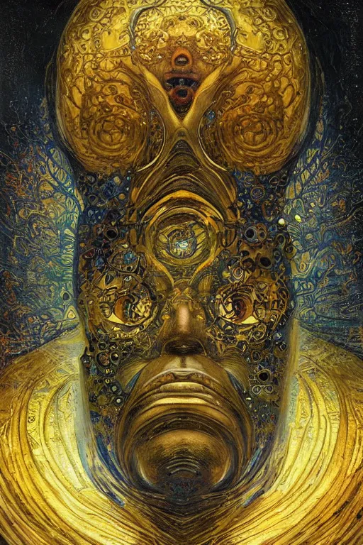 Prompt: Machinery of Fate by Karol Bak, Jean Deville, Gustav Klimt, and Vincent Van Gogh, enigma, destiny, otherworldly, fractal structures, arcane, prophecy, ornate gilded medieval icon, third eye, spirals