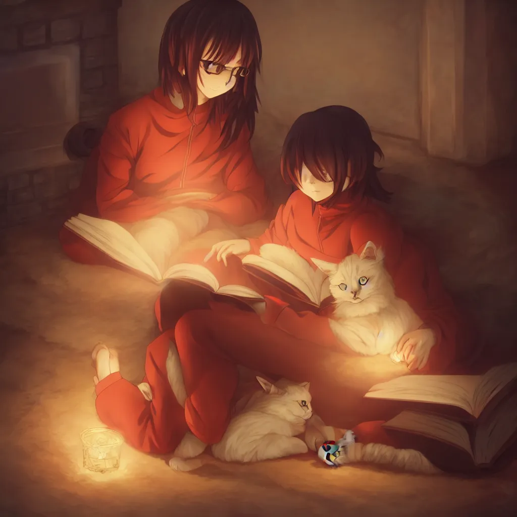 Prompt: anime young woman reading a book, with her cat cuddling up next to a fireplace in the winter, warm lighting, award winning art, trending on artstation, 8 k,