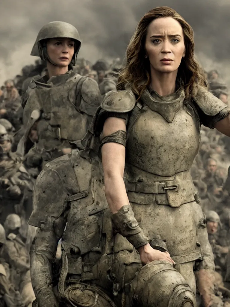 Image similar to emily blunt in power armor, angel of verdun, epic movie scene