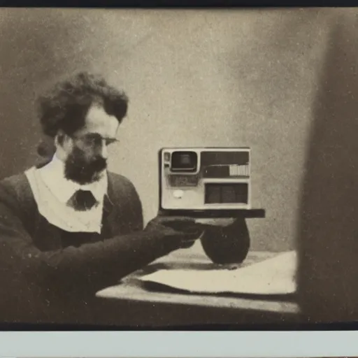 Image similar to old polaroid depicting a scientist from the 1 9 th century working at a modern day laptop