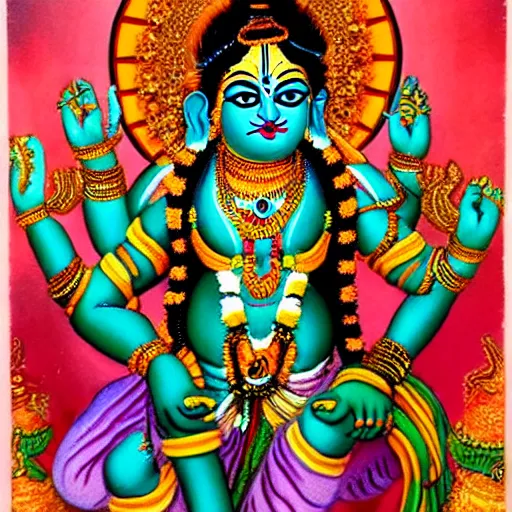Prompt: cyber krishna with 20 arms, traditional hindu art