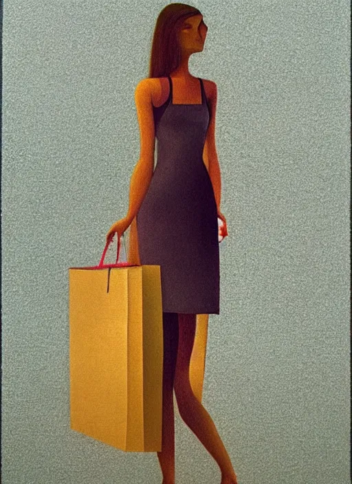 Image similar to isometric woman in a pixilated paper bag over the isometric head Edward Hopper and James Gilleard, Zdzislaw Beksinski, highly detailed