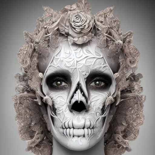 Prompt: beatifull frontal face portrait of a skull woman, 150 mm, anatomical, flesh, flowers, mandelbrot fractal, facial muscles, veins, arteries, symmetric, intricate, microscopic, elegant, highly detailed, ornate, ornament, sculpture, elegant , luxury, beautifully lit, ray trace, octane render in the style of peter Gric and alex grey