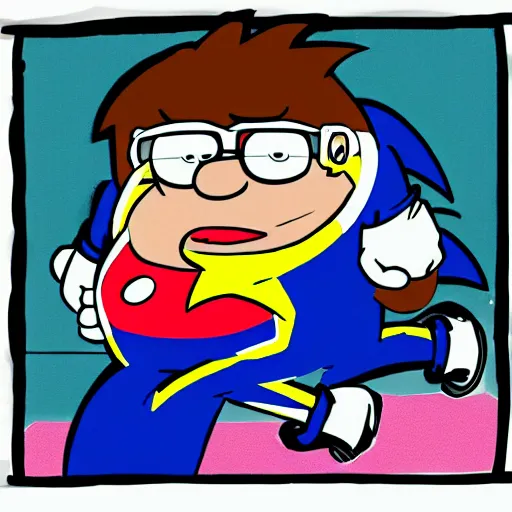 Image similar to a portrait of Peter Griffin as a sonic the hedgehog OC, MS paint, poor artistic skill, text bubble saying hey lois as he runs past, incredibly fast family guy drawing, poor quality art, DeviantArt post