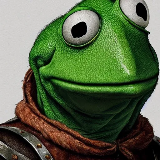 Prompt: hyperrealist highly detailed English medieval portrait of Kermit the Frog as Geralt of Rivia, concept art pascal blanche dramatic studio lighting 8k wide angle shallow depth of field