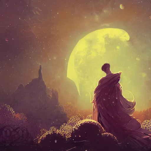 Prompt: retro moon beutiful lights stars in the background atmosferic digital painting, artstation, concept art, soft light, hdri, smooth, sharp focus, illustration, fantasy, intricate, elegant, highly detailed, D&D, matte painting, in the style of Greg Rutkowski and Alphonse Mucha and artemisia, 8k, highly detailed, jurgens, rutkowski, bouguereau, pastoral, rustic, georgic