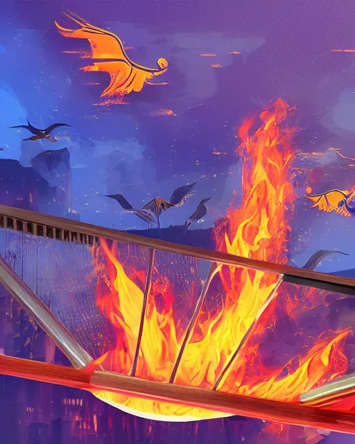 Image similar to in the lower part of the picture is the harp burning in the fire, above are cranes flying in flames, digital painting, concept art