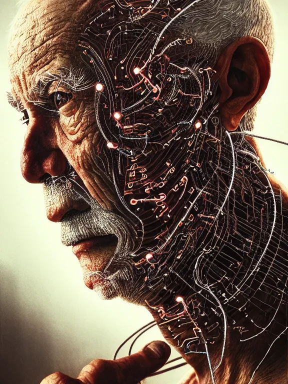 Image similar to portrait of old man, skin peeling to reveal robotic circuitry, wires, art by ryo shiotani and greg rutkowski, intricate, beautiful, portrait photography, cinematic lighting, vintage art by serge ivanoff, high resolution, very detailed