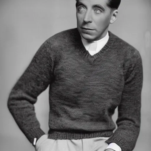 Image similar to a black and white photo of a man in a sweater, a colorized photo by george bogart, tumblr, art deco, handsome, 1 9 2 0 s, studio portrait