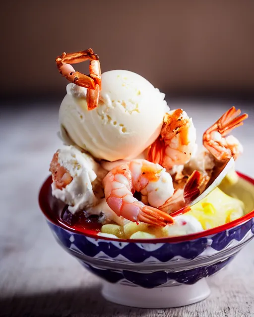 Prompt: dslr food photograph of an ice cream sundae with shrimps on. vanilla icecream, 8 5 mm f 1. 4