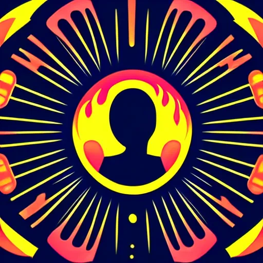 Prompt: cartoon person on fire as logo, burning, flames, symmetrical, washed out color, centered, art deco, 1 9 5 0's futuristic, glowing highlights, peaceful