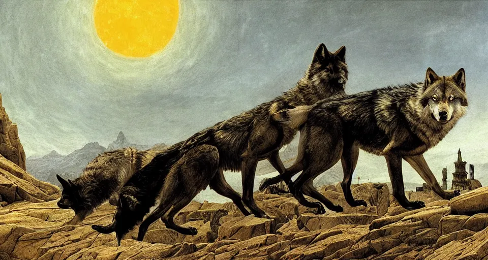 Prompt: wolves and their treasures. treasures of a thousand temples. digital painting by david caspar friedrich and h. r. giger