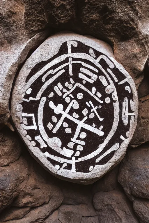 Image similar to 4 k photography of petroglyphs representing crosses, ufo, yin yang symbol on a cave