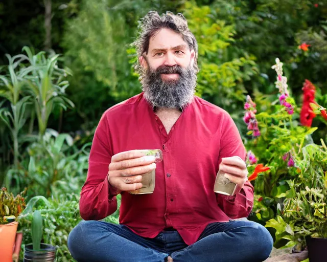 Image similar to mr robert is drinking fresh tea, smoke pot and meditate in a garden from spiral mug, detailed smiled face, short beard, golden hour, red elegant shirt