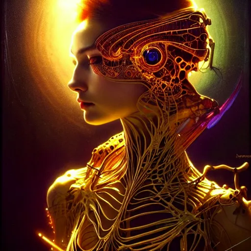 Image similar to extremely psychedelic beautiful cyborg virus infected by night. intricate, elegant, highly detailed, extremely lifelike photorealistic digital painting, artstation. steichen, gaston bussiere, tom bagshaw, cyberpunk alphonse mucha. totally elegant. anatomically correct. sharp focus. black and gold. surreal lush hallucination
