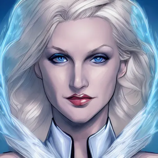 Image similar to portrait of emma frost, a beautiful woman in her 3 0 s with white blonde hair and blue eyes dressed in a fashionable white suit, detailed face, delicate features, smooth, sharp focus, teasing smile, artstation, art by cole marchetti,