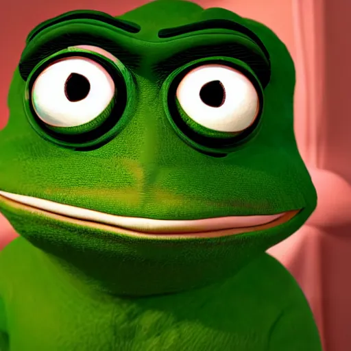 Image similar to Realistic pepe the frog alone and sad in his bedroom, cinematic perspective, studio shot, full hd