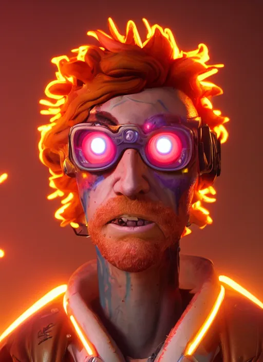 Image similar to glowwave portrait of curly orange haired mad scientist man from borderlands 3, au naturel, hyper detailed, digital art, trending in artstation, cinematic lighting, studio quality, smooth render, unreal engine 5 rendered, octane rendered, art style by pixar dreamworks warner bros disney riot games and overwatch.