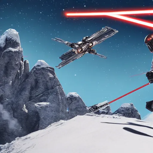 Image similar to star wars xwing pilot skiing down a mountain using lightsabers as poles, highly detailed, high resolution, ultra realistic