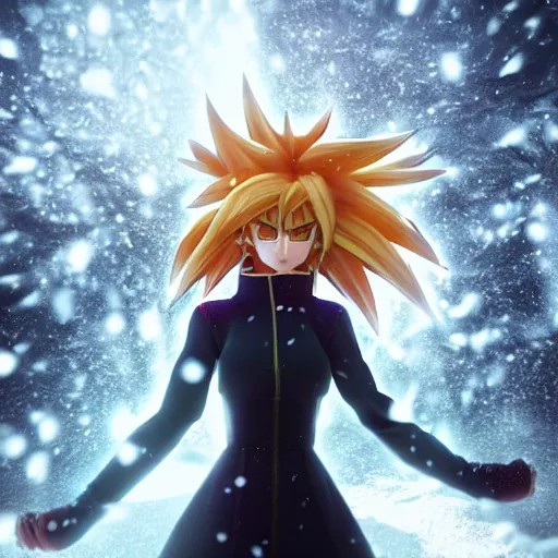 Prompt: portrait focus of beautiful 3 d anime girl as angry super saiyan posing, frozen ice dark forest background, snowing, bokeh, inspired by masami kurumada, octane render, volumetric lighting