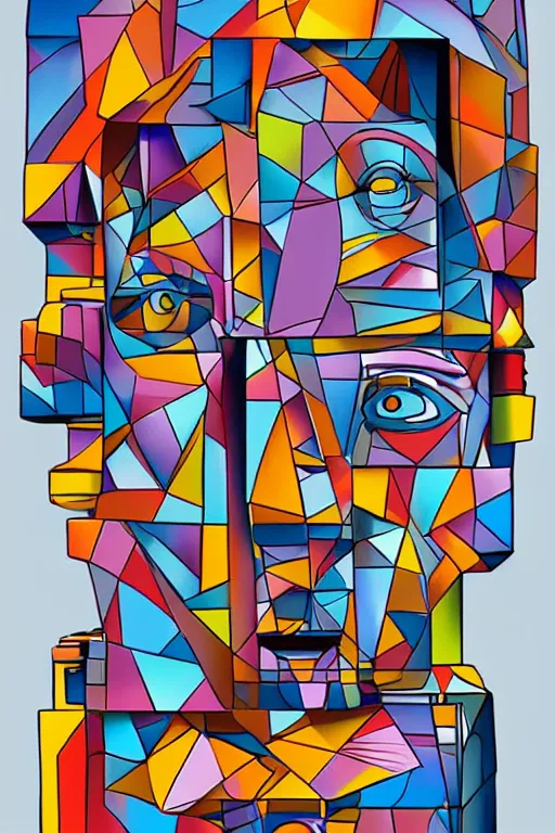 Image similar to cubist moai statue cutout digital illustration cartoon colorful beeple