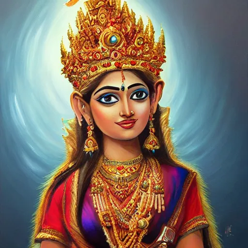 Prompt: A beautiful hindu queen painted by Tony Sart, trending on artstation