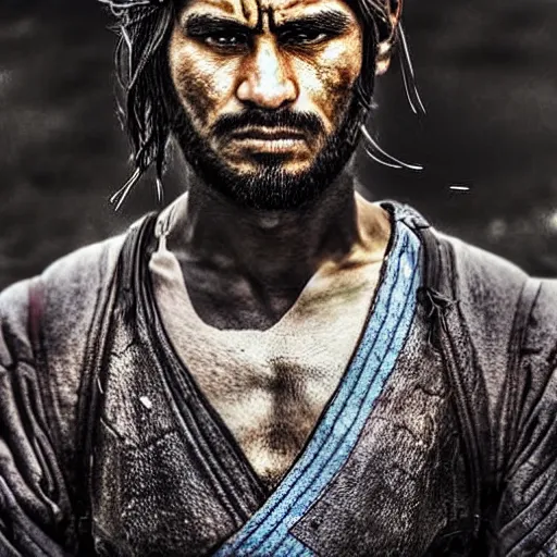 Image similar to handsome and strong! kurdish! samurai in a movie directed by christopher nolan, movie still frame, promotional image, imax 7 0 mm footage, perfect symmetrical facial features