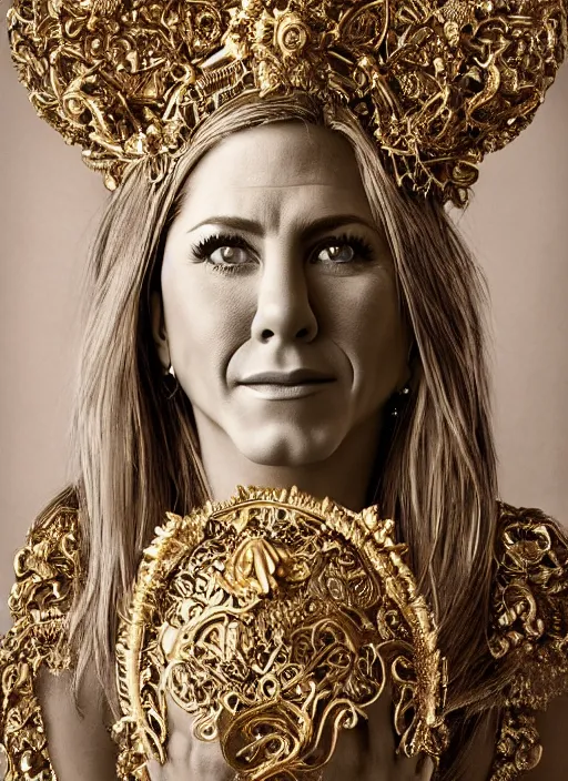 Image similar to a portrait of jennifer aniston by stefan geselle and nekro borja, photorealistic, intricate details, hyper realistic, fantasy, elegant, baroque gold headpiece, photorealistic, canon r 3, photography, wide shot, symmetrical features, symmetrical pose, wide angle shot, head to toe, standing pose, feet on the ground, wearable art