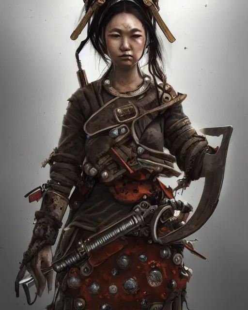 Prompt: hyper realistic portrait of postapocalyptic asian death cult monk girl sword and shield, beads, gears, machineparts, cinematic, artstation, cgsociety, pascal blanche