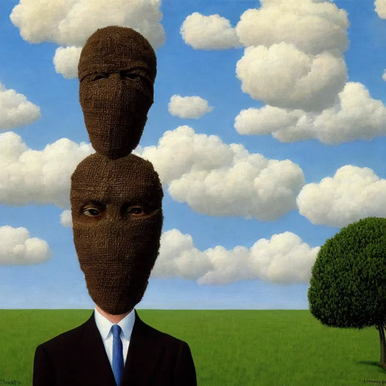 Image similar to portrait of a faceless burlap sack - head man in a suit, clouds in the background, by rene magritte, detailed painting, distance, centered, hd, hq, high resolution, high detail, 4 k, 8 k