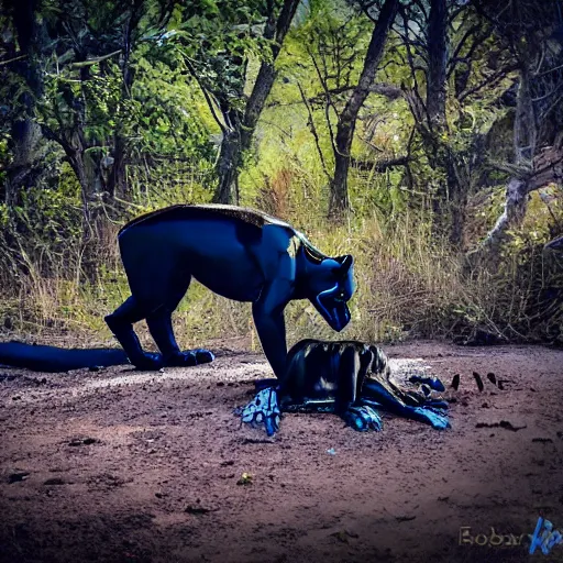 Image similar to nature photography picture of blue and black panther. blood drips from its mouth. a robot lays in a ditch in the background.