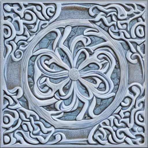 Prompt: serpentine maze, fine details, fractal swirls, carved soapstone relief paneling white and pale blue