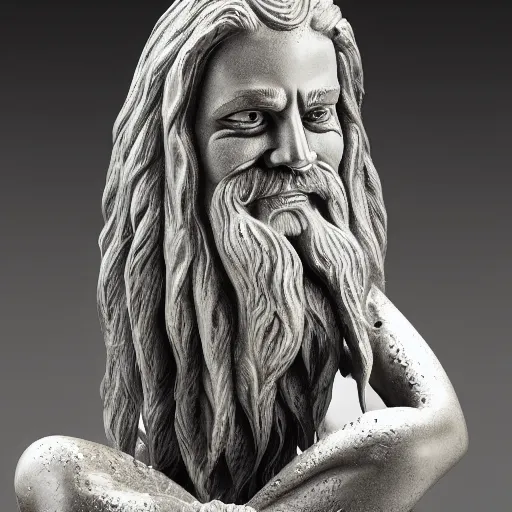 Image similar to a flawless, purely water spirit sculpture of a man with long hair, with trimmed beard, smiling widely. water spirit statue, extremely detailed, award-winning art, trending on Artstation