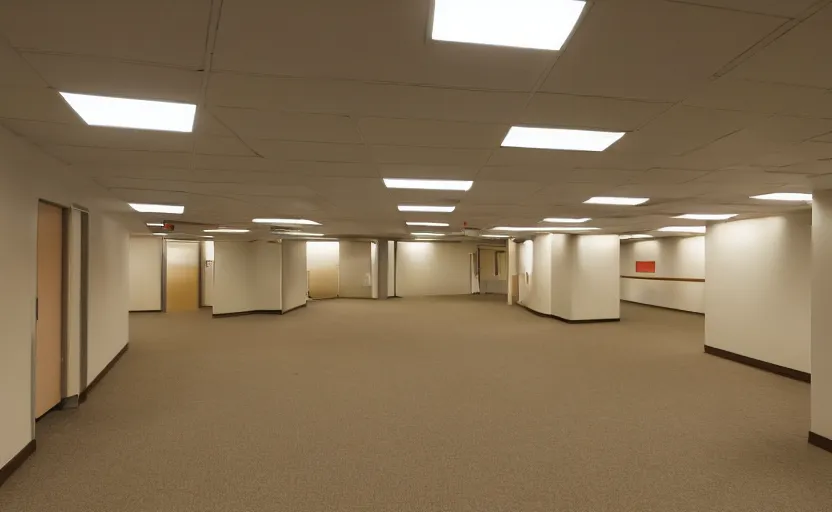 Image similar to 1 9 9 0 s empty rooms and a long corridor interior, office building, bright beige wallpaper, vhs style, suspended ceiling, bright fluorescent light, light brown moist carpet, scary