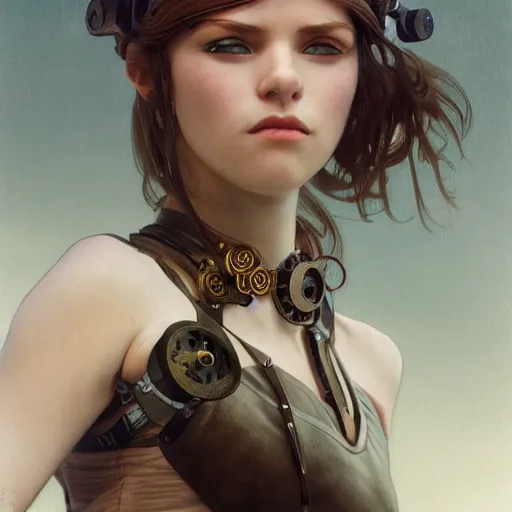 Prompt: portrait of a 2200s young female steampunk fighter, futuristic, headshot, hyper realistic, pale skin, 4k, rule of thirds, extreme detail, detailed drawing, trending artstation, hd, fantasy, D&D, realistic lighting, by Alphonse Mucha, Greg Rutkowski, sharp focus, backlit, elegant