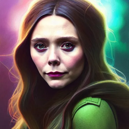 Prompt: portrait painting of elizabeth olsen wanda maximoff with green skin and pointy ears wearing sci - fi clothes, ultra realistic, concept art, intricate details, eerie, highly detailed, photorealistic, octane render, 8 k, unreal engine. art by artgerm and greg rutkowski and charlie bowater and magali villeneuve and alphonse mucha