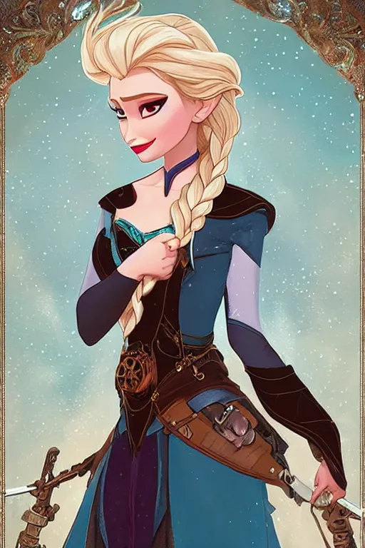 Prompt: elsa from frozen as steampunk half - cyborg, western gunslinger, high fantasy, dnd, smooth, sharp focus, illustration, highly detailed, digital painting, artstation, concept art, by disney animation, rossdraws, alphonse mucha, frank fanzzeta, collectible card art