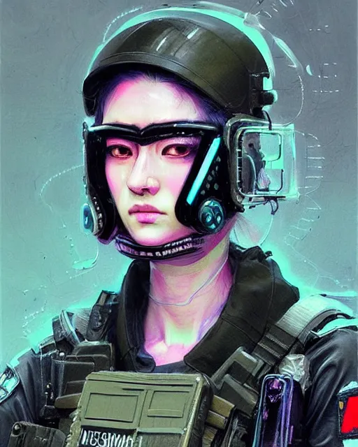 Prompt: detailed portrait neon female swat officer, cyberpunk futuristic, neon, futuristic face mask, reflective puffy coat, decorated with traditional japanese by ismail inceoglu dragan bibin hans thoma greg rutkowski alexandros pyromallis nekro rene margitte, fire & smoke, illustrated, perfect face, fine details, realistic shaded, fine - face, pretty face