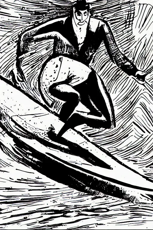 Image similar to a drawing of a man on a surfboard in the air, a comic book panel by dali, unsplash, retrofuturism, soviet propaganda, concert poster, poster art