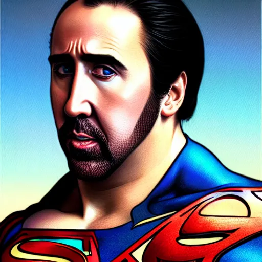 Prompt: upper body portrait of nicolas cage as superman, intricate, elegant, highly detailed, digital painting, artstation, concept art, smooth, sharp focus, illustration, art by artgerm and greg rutkowski and alphonse mucha, award winning, 8 k