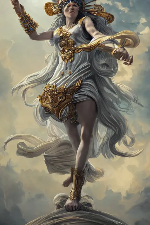 Image similar to goddess athena dancing in the wind, zodiac knight, beautiful, ethereal, gorgeous, volumetric lighting, elegant, fluid, highly detailed, digital painting, concept art, highly detailed, smooth, illustration, limited color palette, atmosphere and tension, trending on artstation