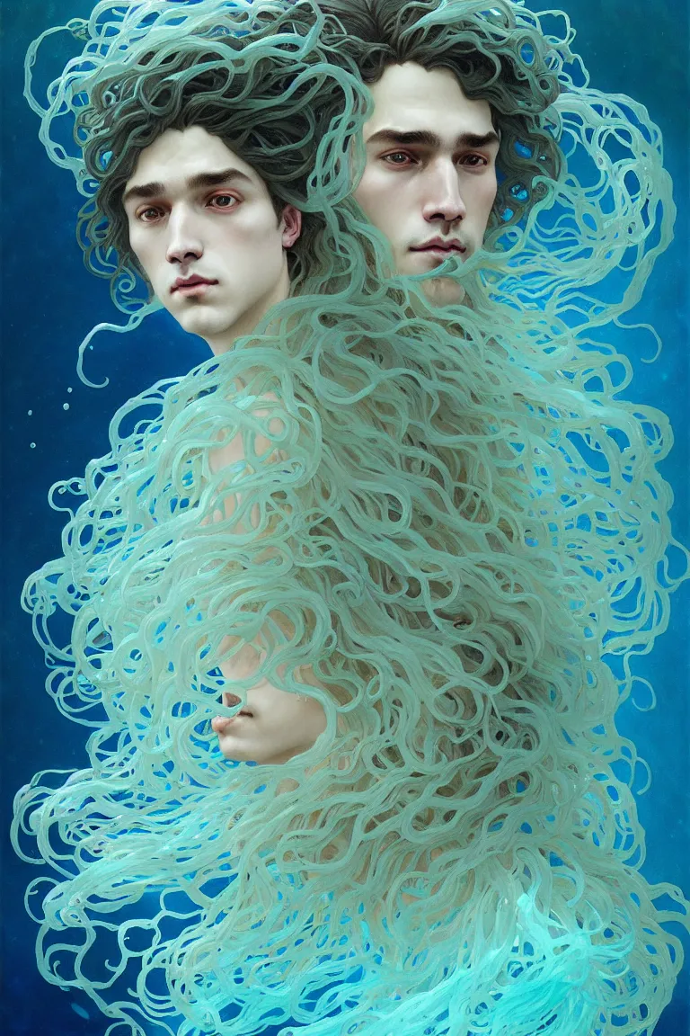 Image similar to portrait of a beautiful young fit male sea creature with long curly hairs and fish skin, dressed in fluent clothes made of seaweeds, by greg rutkowski and alphonse mucha, d & d character, gradient cyan to blue, underwater bubbles background, highly detailed portrait, digital painting, artstation, concept art, smooth, sharp focus ilustration, artstation hq