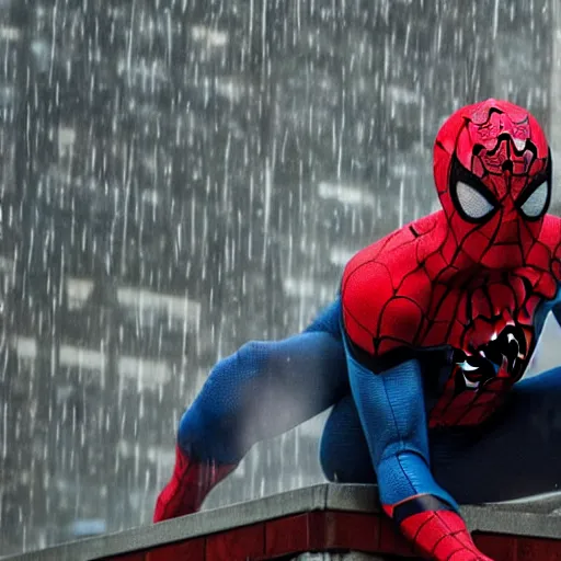 Image similar to spider - man perched next to batman on top of a building with rain pouring down