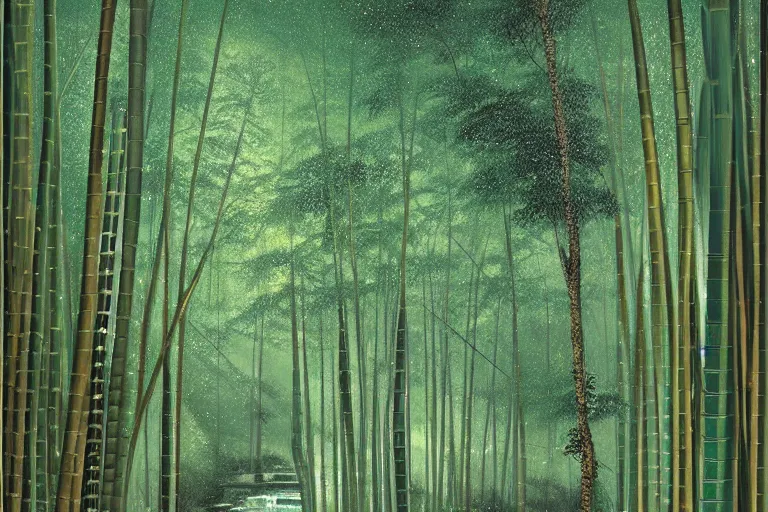 Prompt: Glittering water stream in a bamboo forest at night, by Andreas Rocha